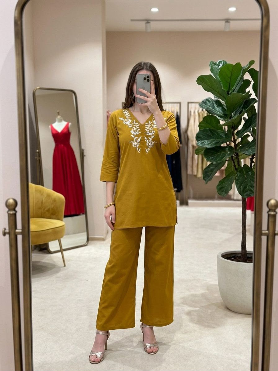 SW234 Asha Olive Green Dabu Cotton Co-ord Set - Model Mirror View
