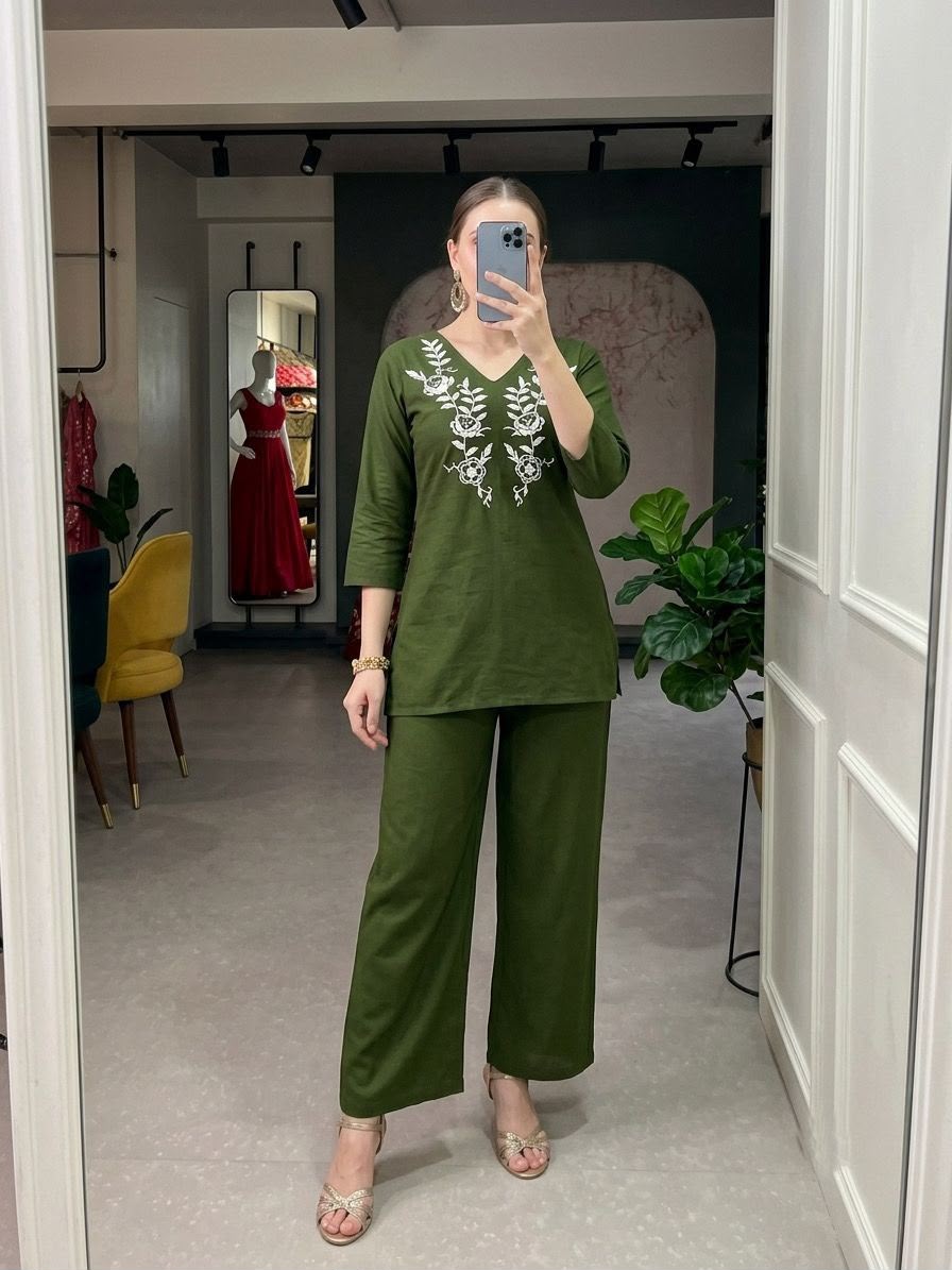 SW234 Asha Co-ord Set - Embroidery Neckline Close-up Green