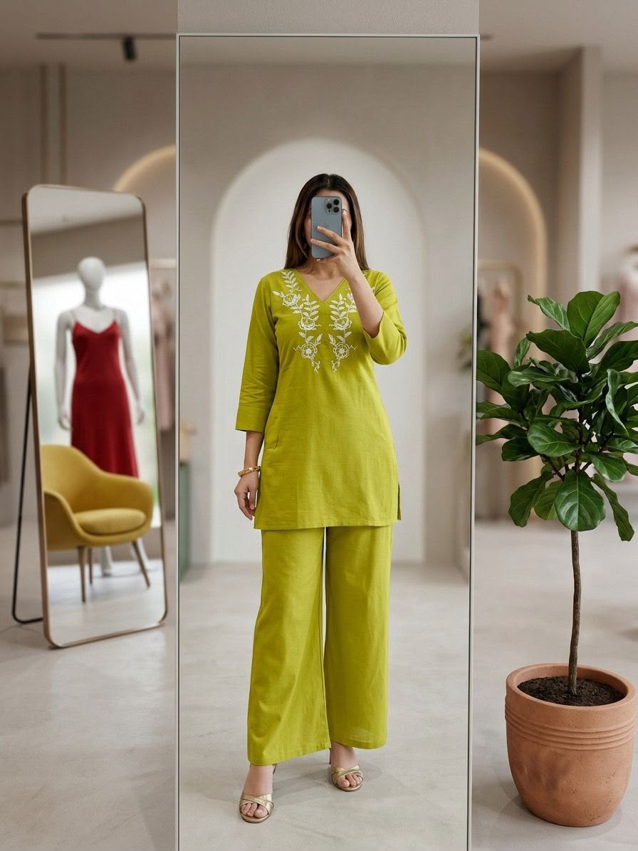 SW234 Asha Co-ord Set - Stacked Flat Lay Green, Yellow, Orange, Mustard