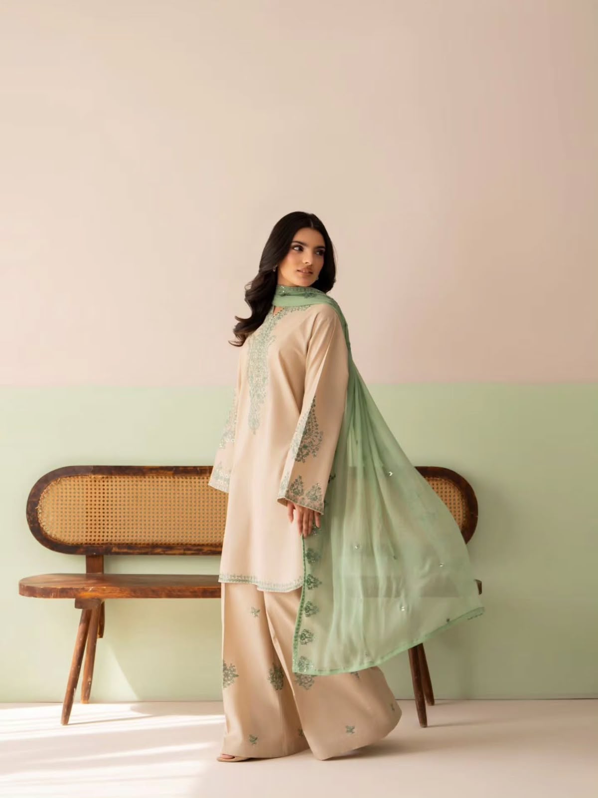 SW235 Beige Roman Silk Sequins Set - Flat Lay Full Set with Dupatta