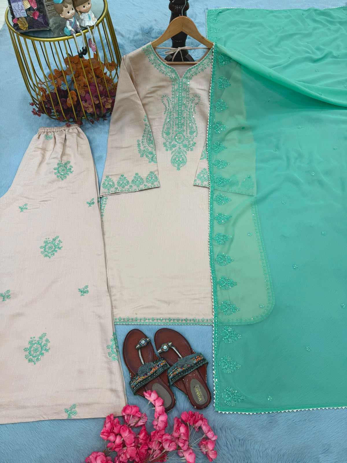 SW235 Beige Roman Silk Sequins Set - Flat Lay Top Detail with Dupatta
