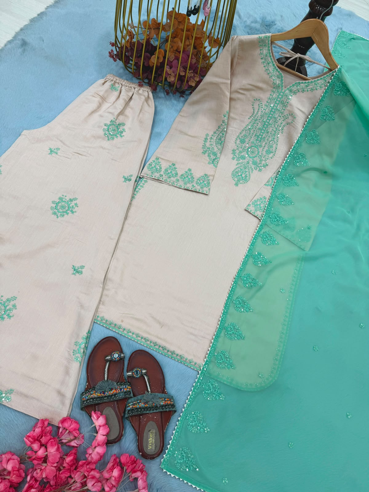 SW235 Beige Roman Silk Sequins Set - Flat Lay Plazzo & Dupatta Detail