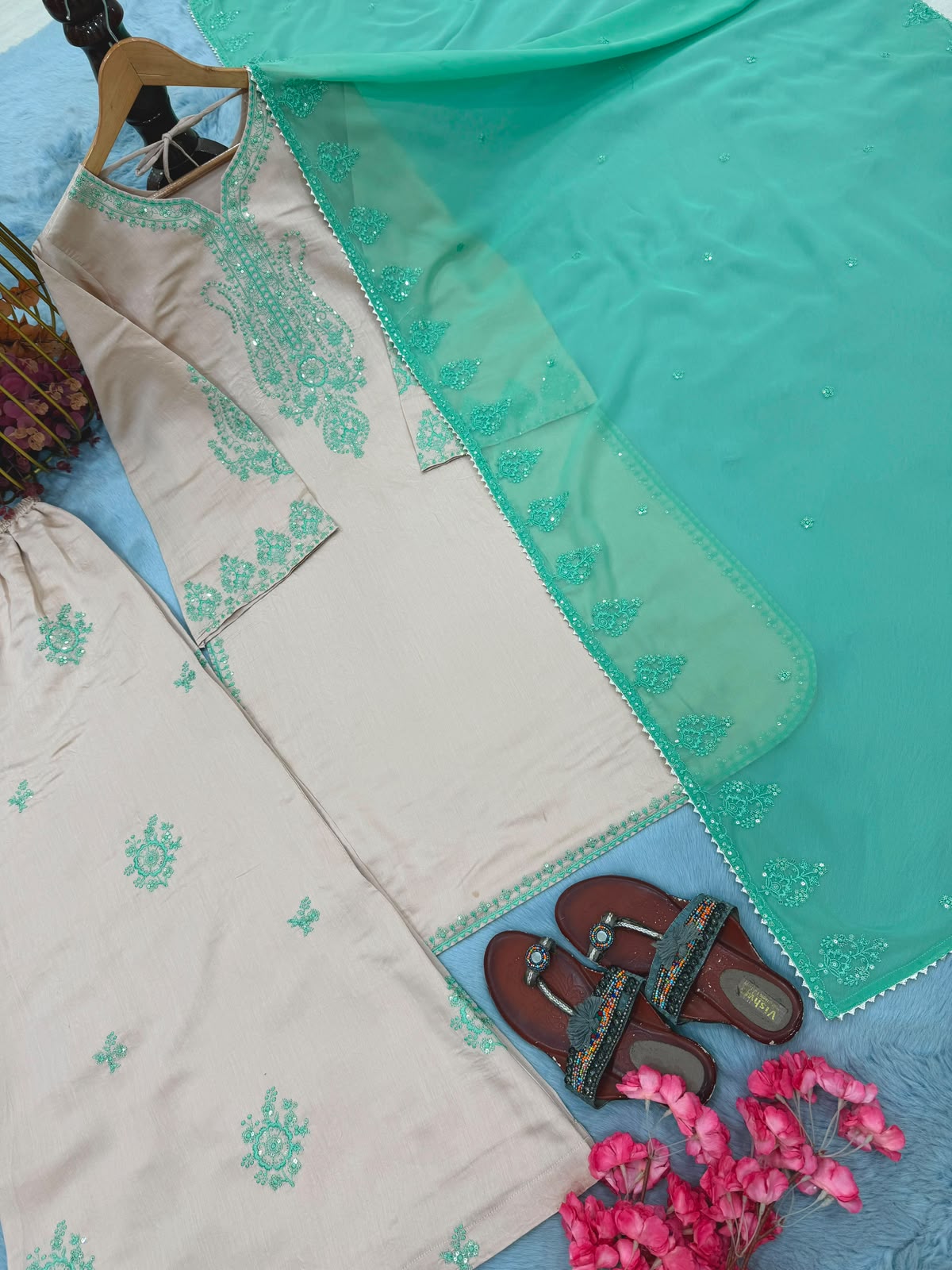 SW235 Beige Roman Silk Sequins Set - Flat Lay Full Set Overhead