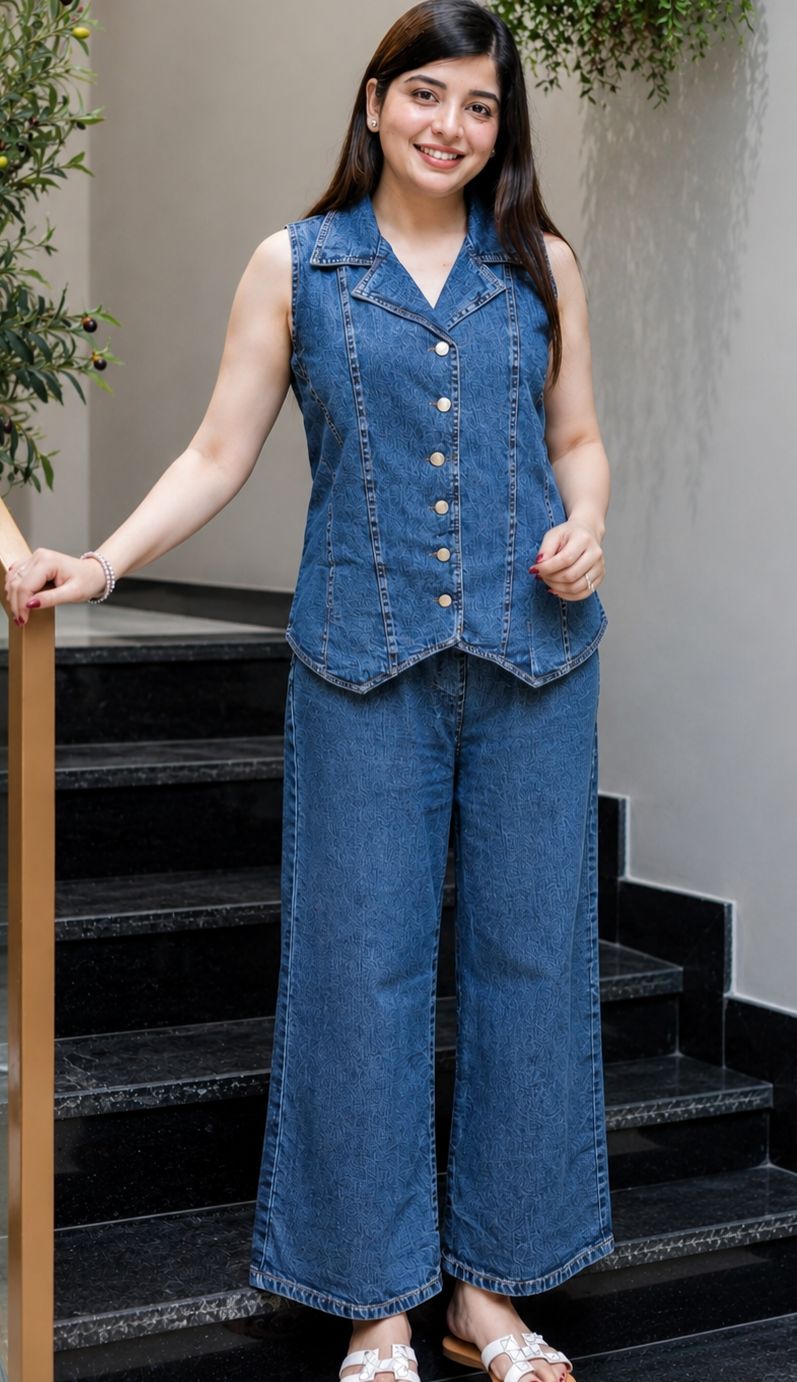 Dark Blue Premium Denim Vest Top Palazzo Co-ord Set - Model Mirror Selfie Full Length View