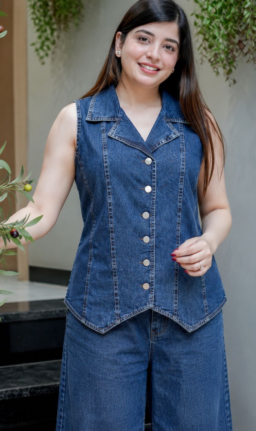 Dark Blue Premium Denim Vest Top Palazzo Co-ord Set - Model Full Length Indoor Front View