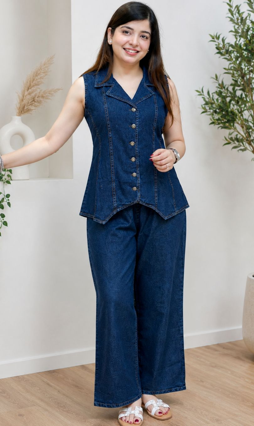 Dark Blue Premium Denim Vest Top Palazzo Co-ord Set - Model Full Length Outdoor Staircase View