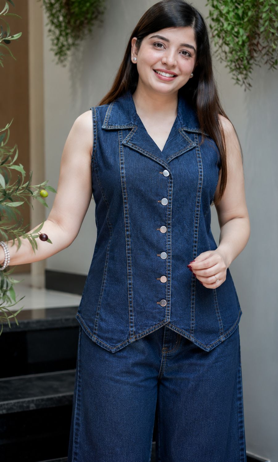 Dark Blue and Light Blue Premium Denim Vest Top Palazzo Co-ord Set - Mannequin Comparison View