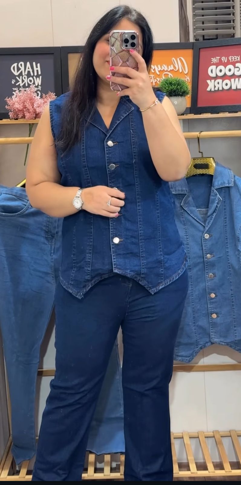 Light Blue Premium Denim Vest Top Palazzo Co-ord Set - Model Mirror Selfie Full Length View