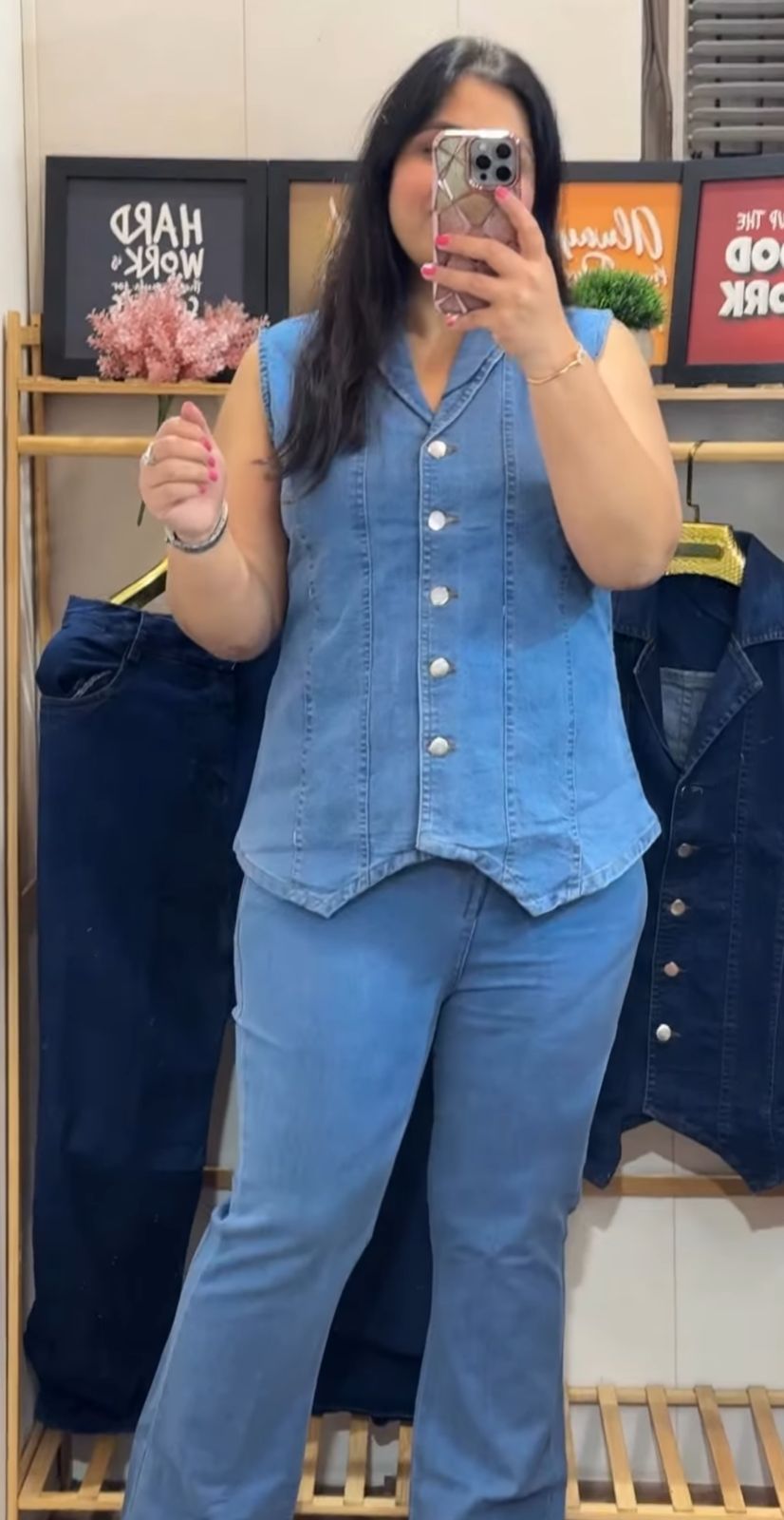 Dark Blue Premium Denim Vest Top Palazzo Co-ord Set - Model Close Up Neckline and Button Detail Outdoor