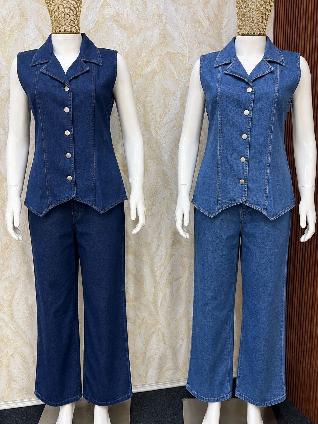 Dark Blue Premium Denim Vest Top Palazzo Co-ord Set - Model Full Length Outdoor Garden View