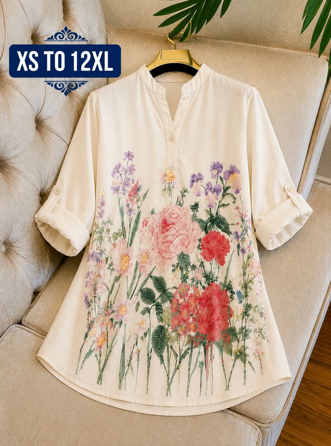 Cream Jaipuri Floral Print Cotton Cambric Kurti Top - Hanger View Full Front with 3/4 Sleeves