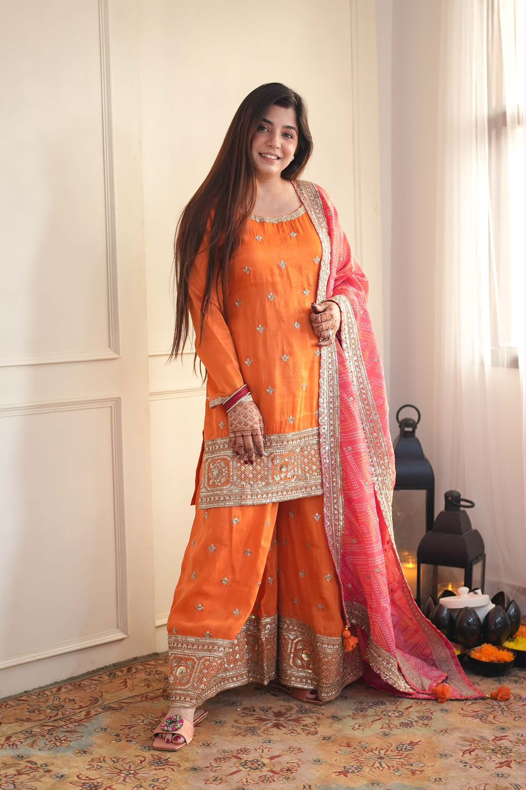 Orange Chinon Sharara Set - Back View on Mannequin
