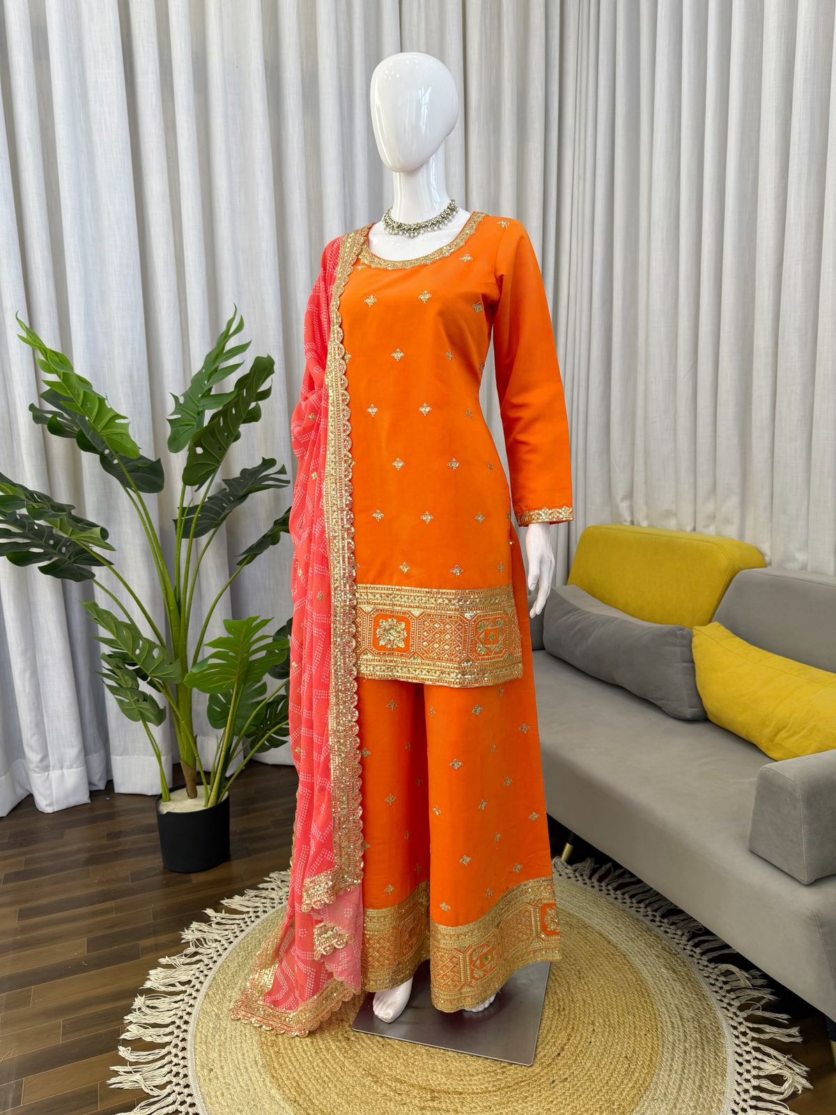 Orange Chinon Kurti - Flat Lay with Dupatta