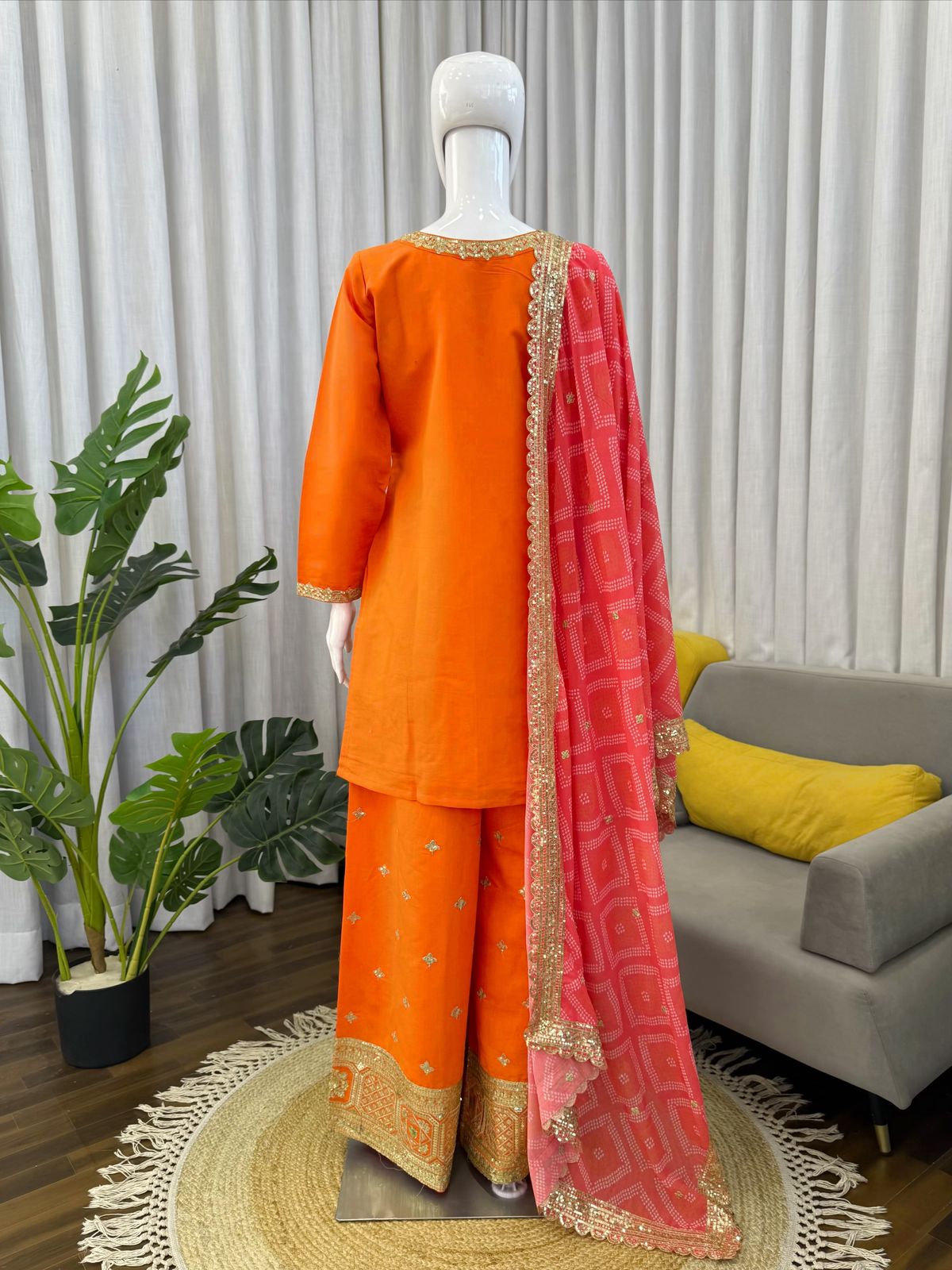 Orange Chinon Sharara Set - Flat Lay Close Up