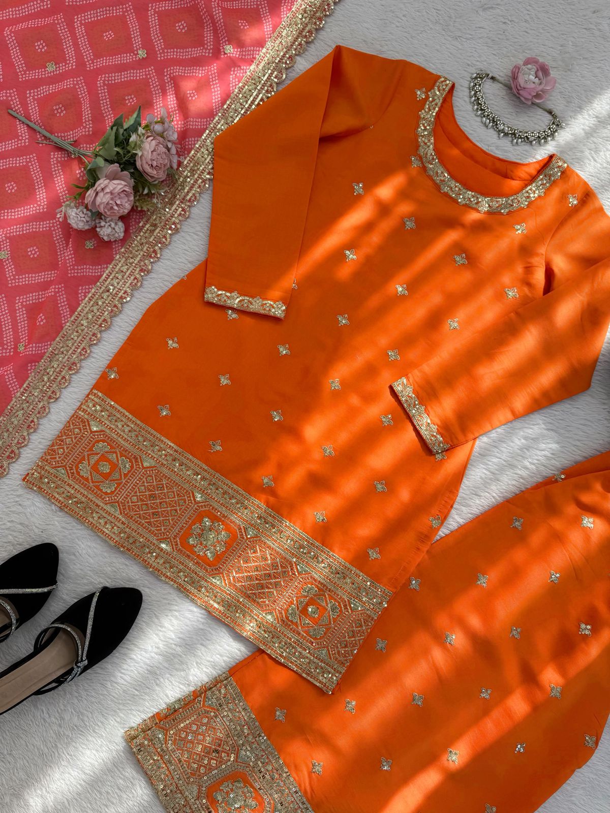 Orange Chinon Sharara Set - Model Wearing