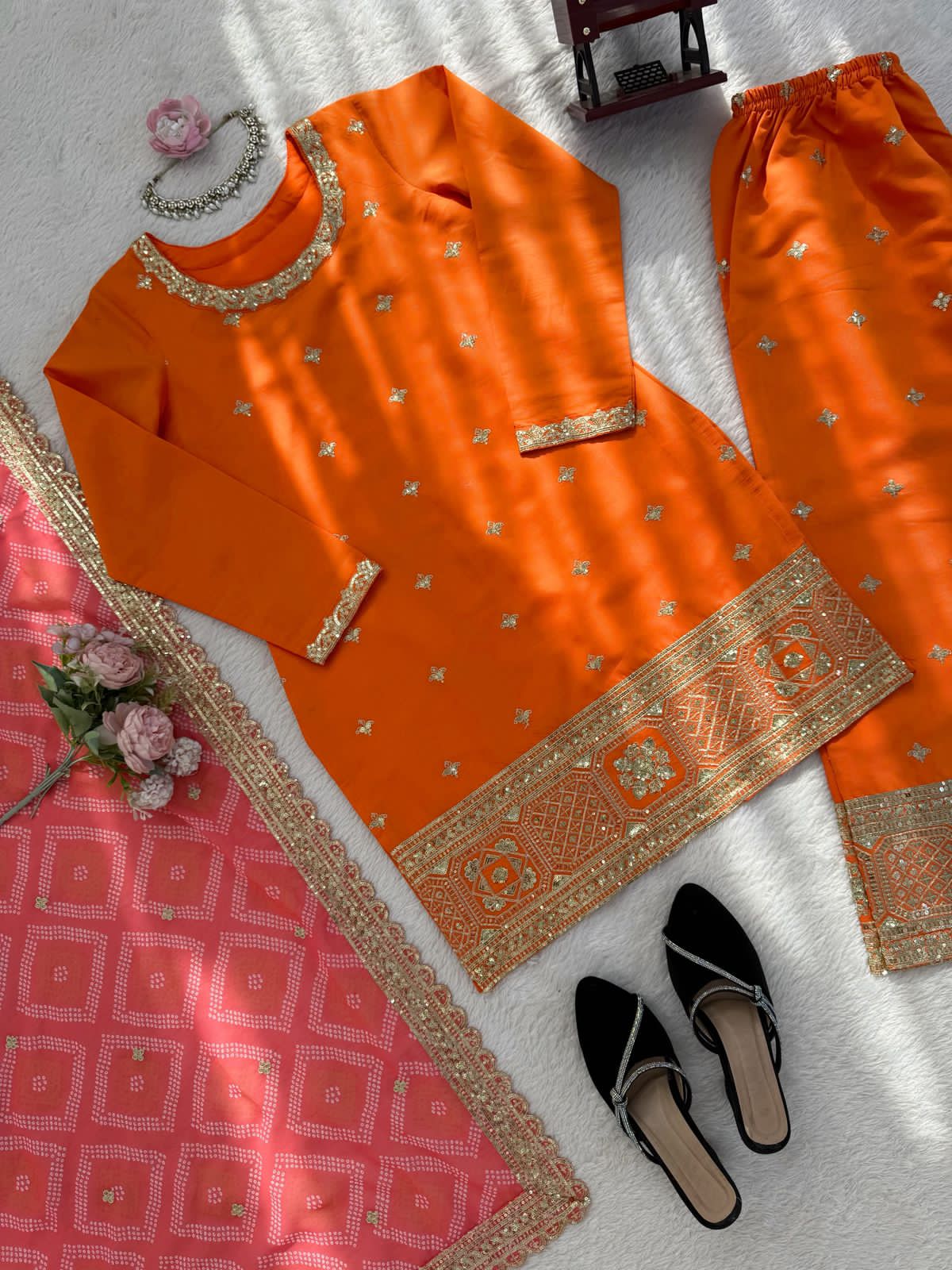 Orange Chinon Sharara Set - Front View on Mannequin