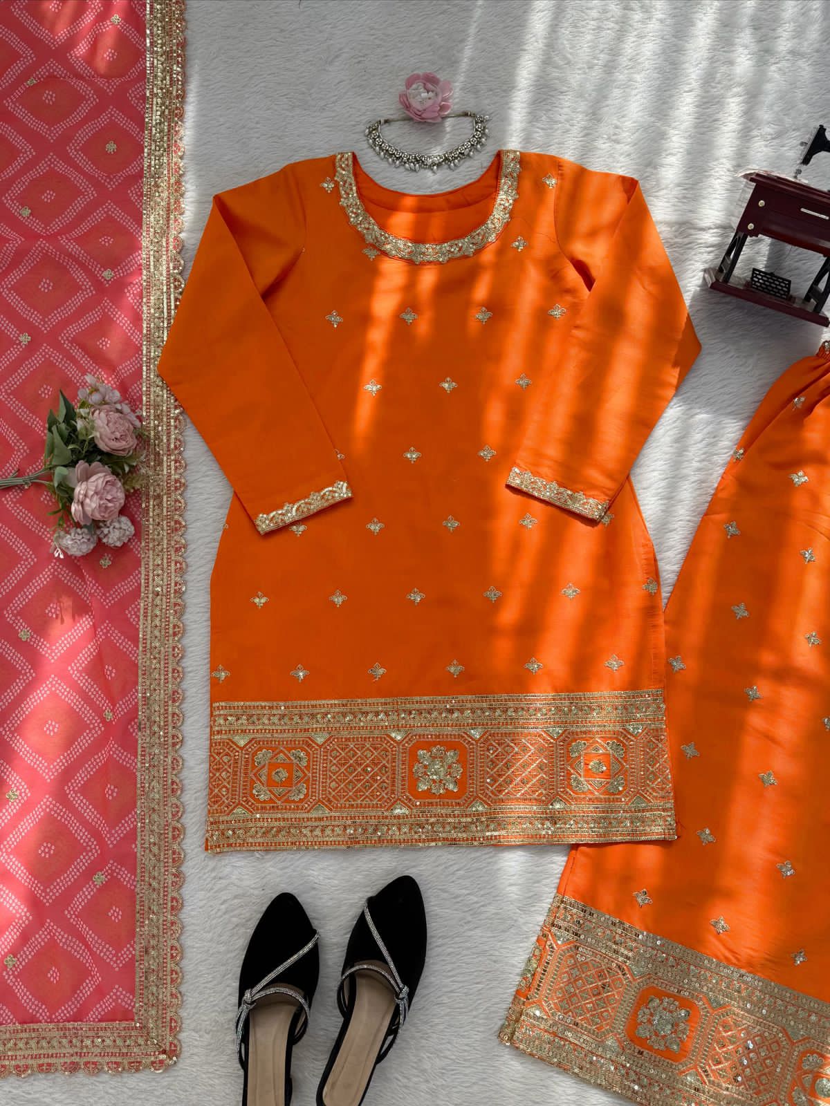 Orange Chinon Sharara Set - Mannequin Side View