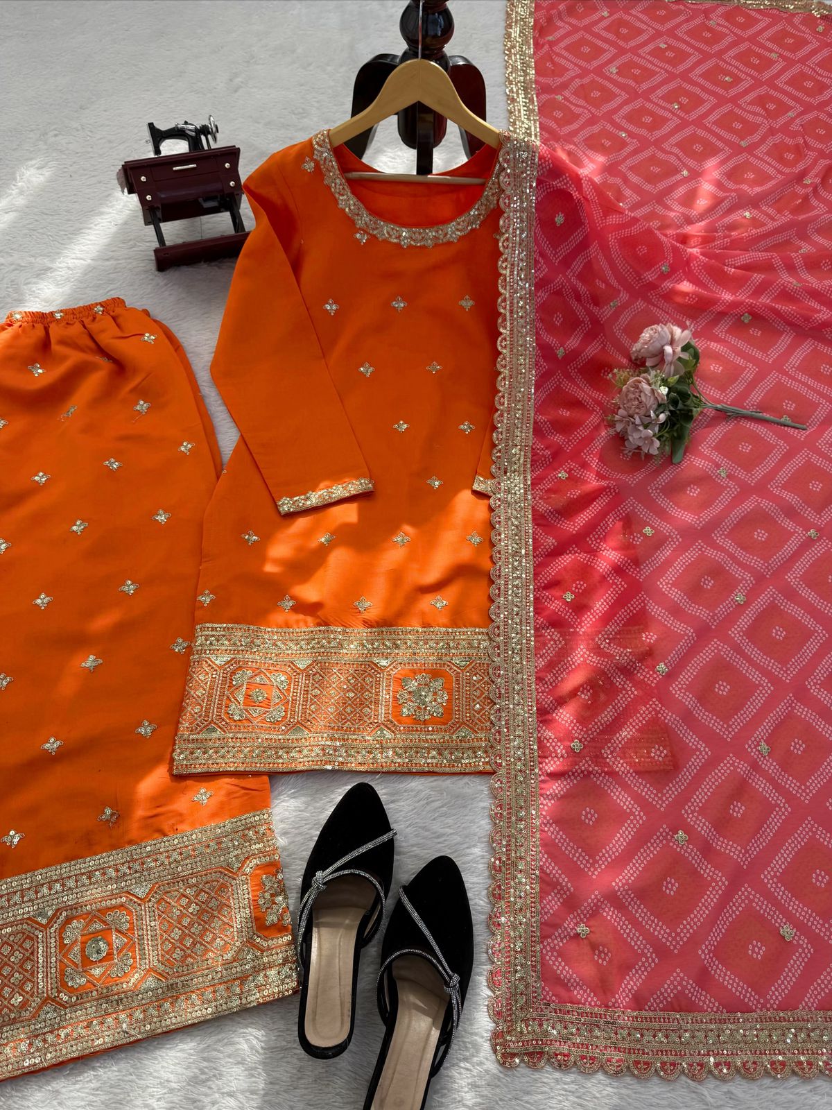 Orange Chinon Sharara Set - Detail Shot