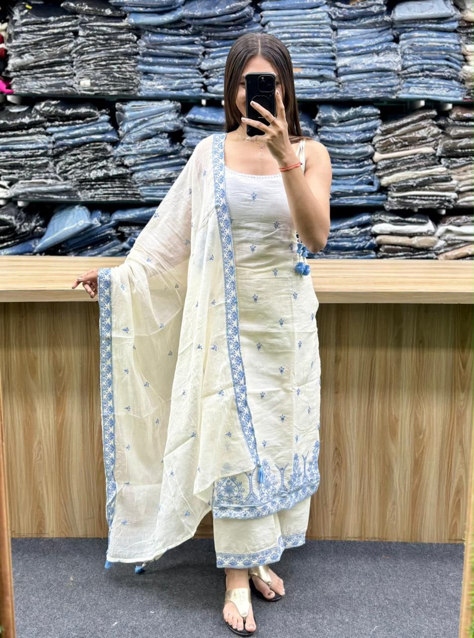 White Maska Cotton Silk Suit - Model Wearing Full View