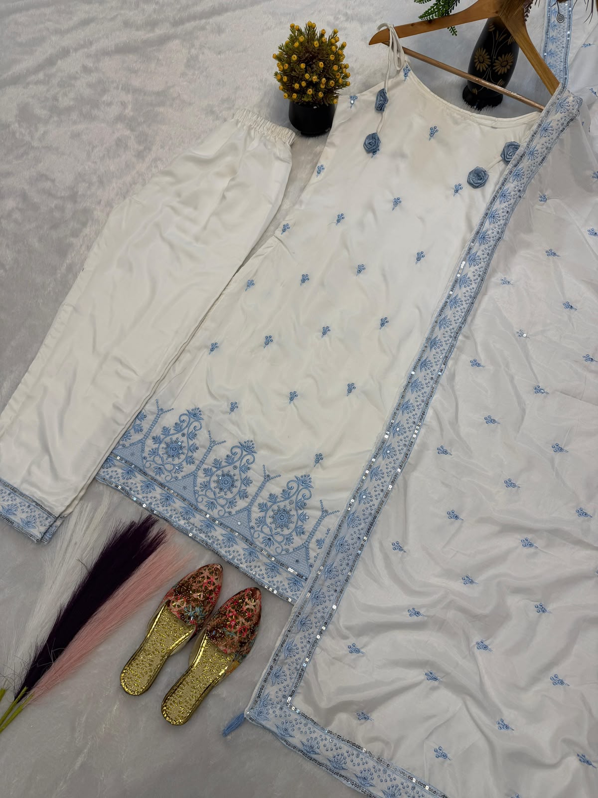 White Embroidered Suit - Flat Lay with Blue Work