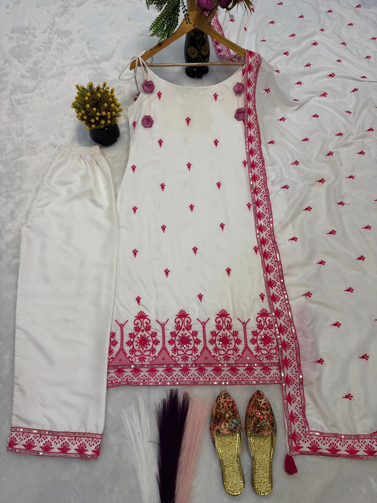 White Suit - Flat Lay Pink Embroidery Variant