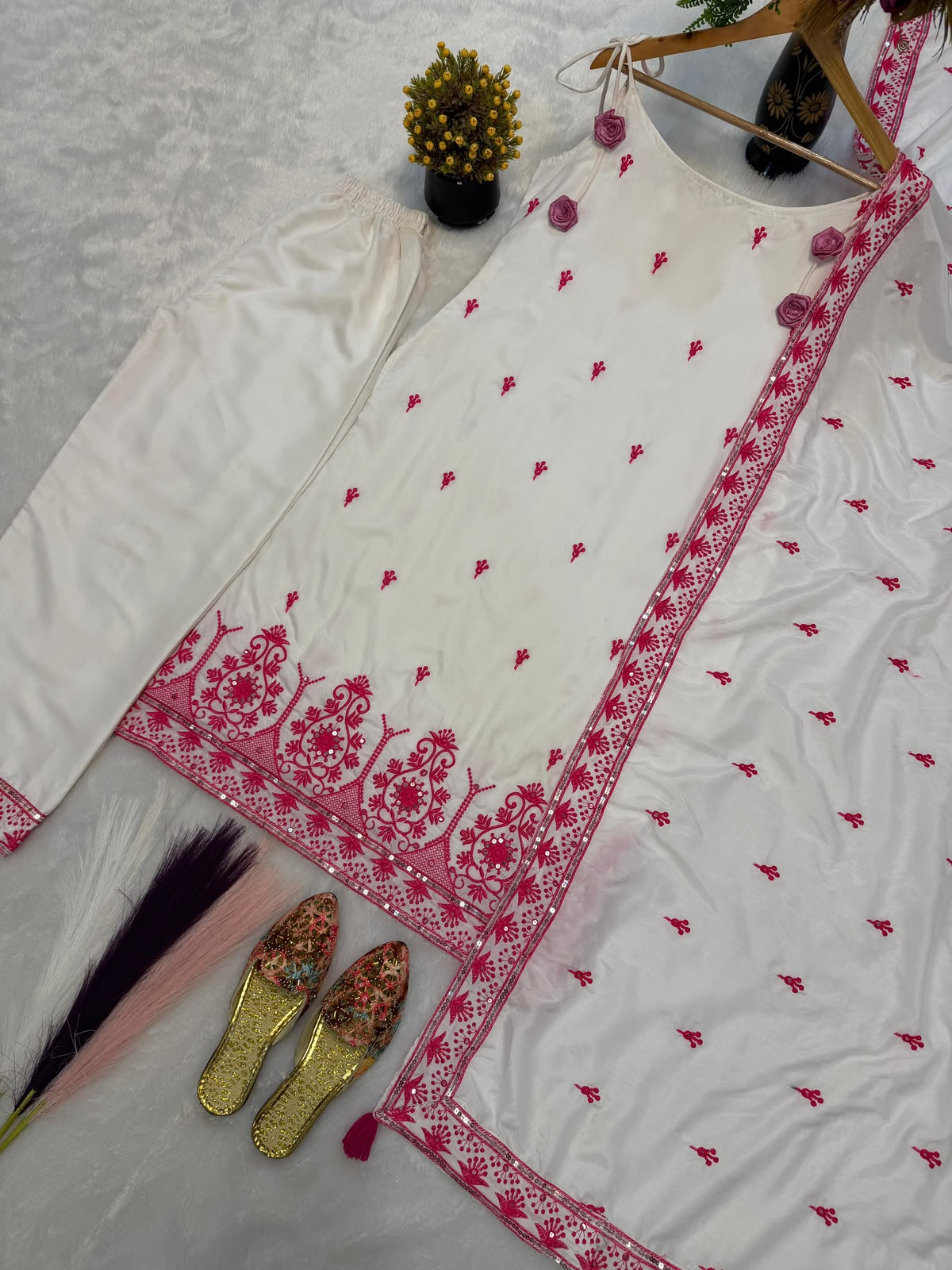 White Suit - Model Wearing Black Embroidery Variant Right