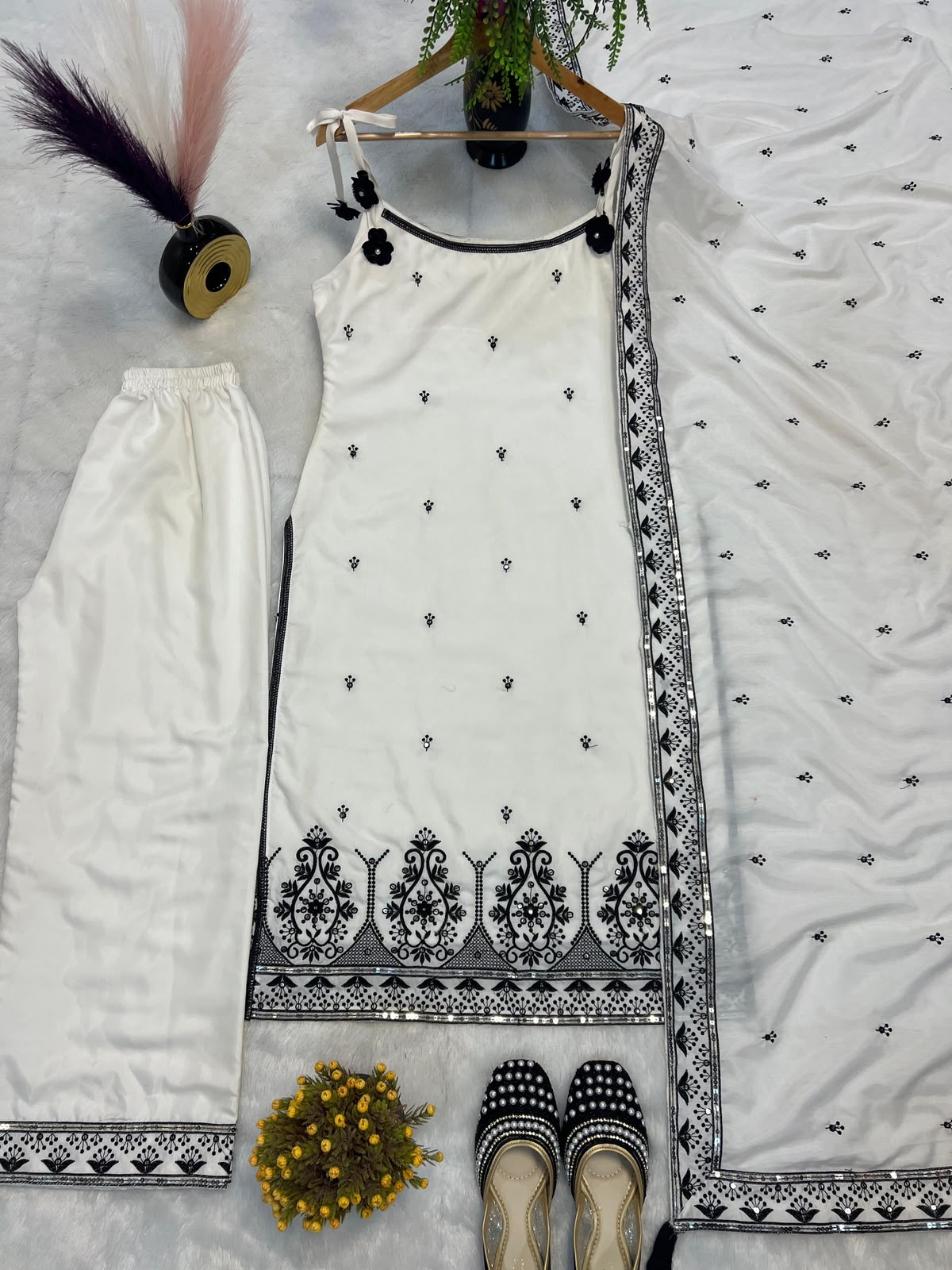 White Maska Cotton Silk Embroidered 3-Piece Suit with Sequin Work