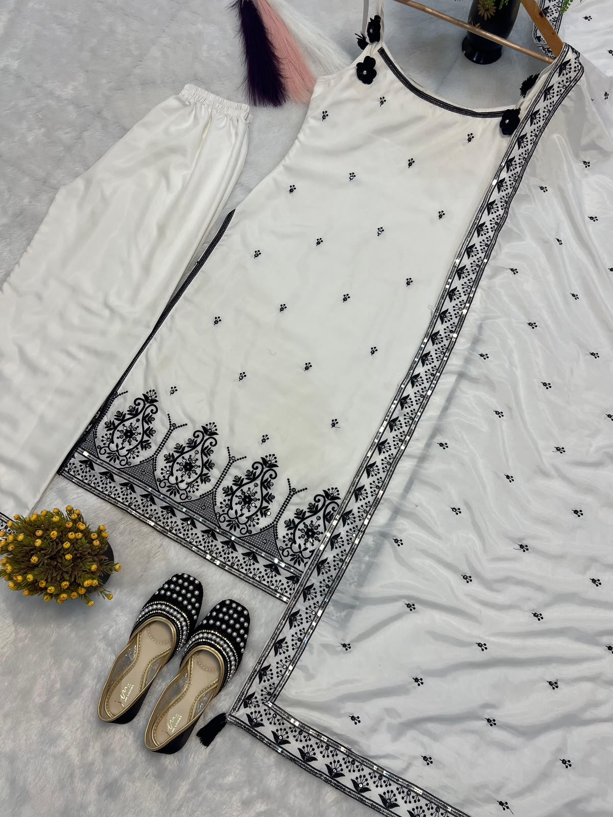 White Suit - Flat Lay Full Set with Dupatta
