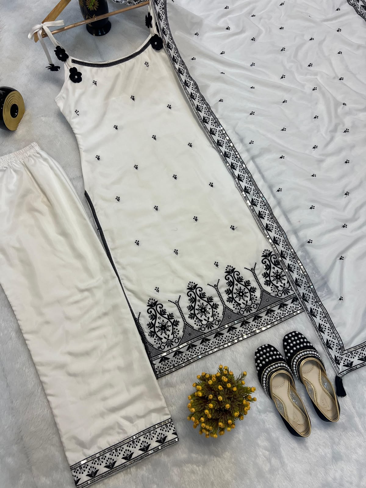White Maska Cotton Silk Embroidered 3-Piece Suit with Sequin Work