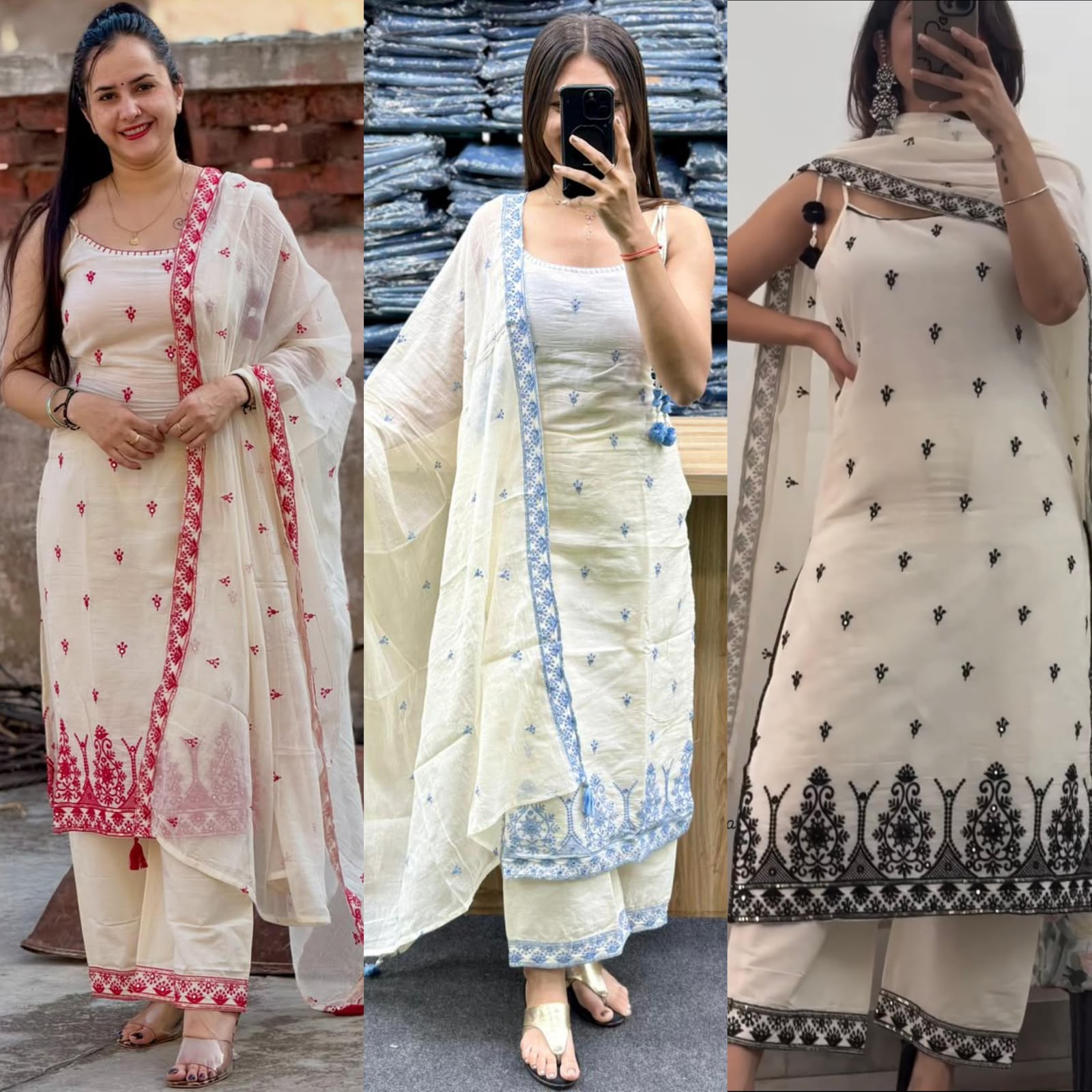 White Maska Cotton Silk Embroidered 3-Piece Suit with Sequin Work