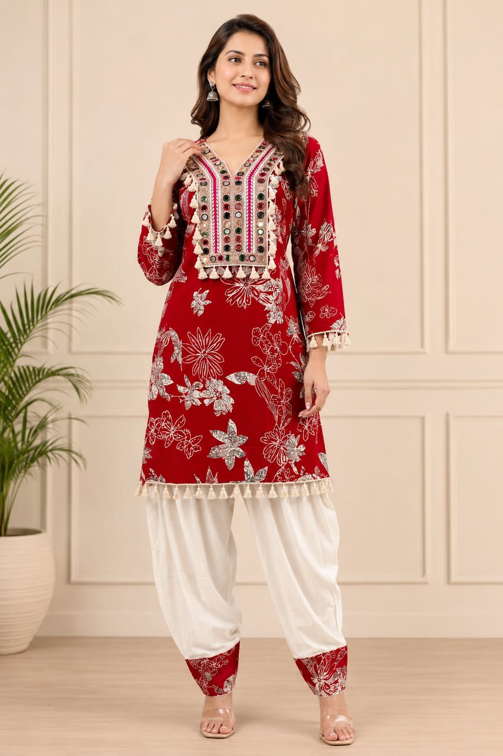 Red Cotton Coord Set - Model Wearing Full Length Front View