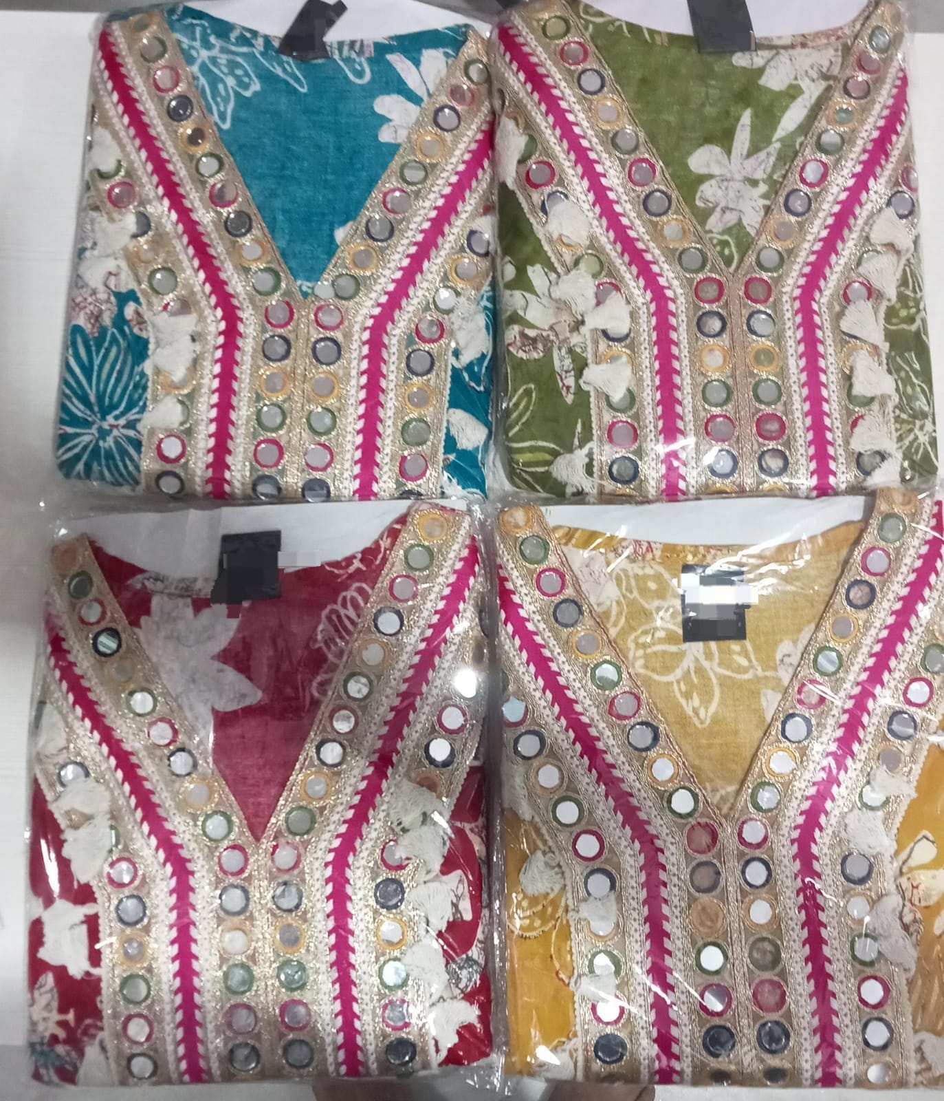 Cotton Coord Set - 4 Colour Variants Flat Lay (Teal, Olive, Red, Mustard)