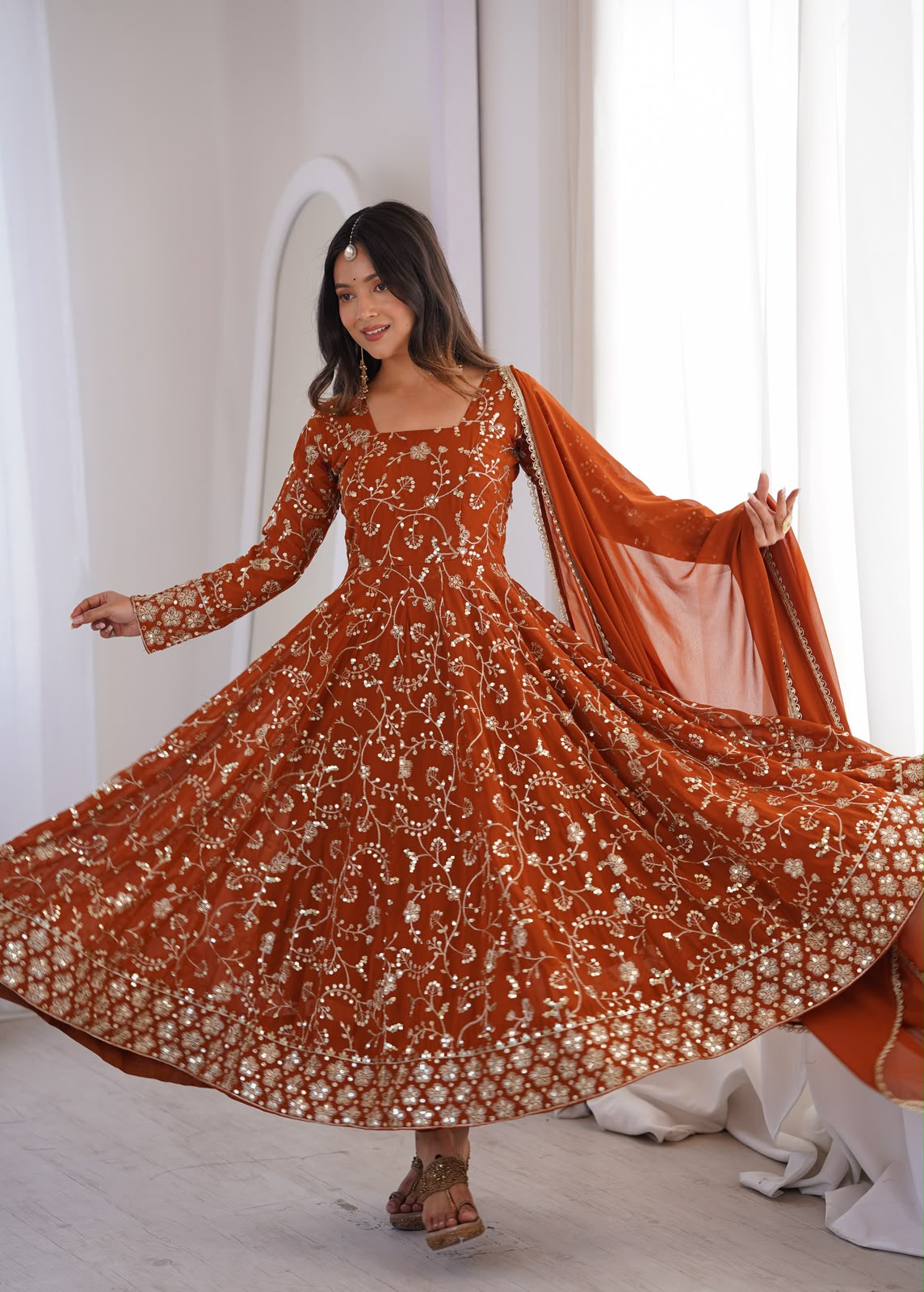 Rust Orange Anarkali Set - Flat Lay Full Set on Hanger