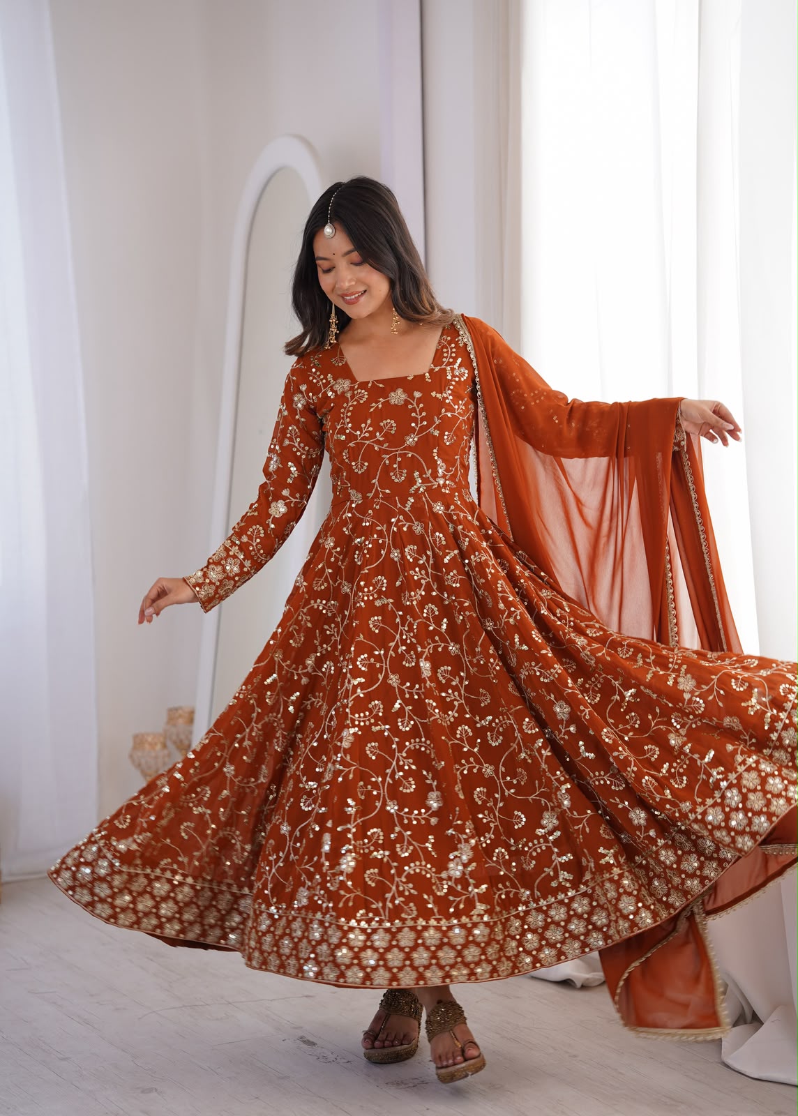 Rust Orange Anarkali Set - Model Side View with Dupatta