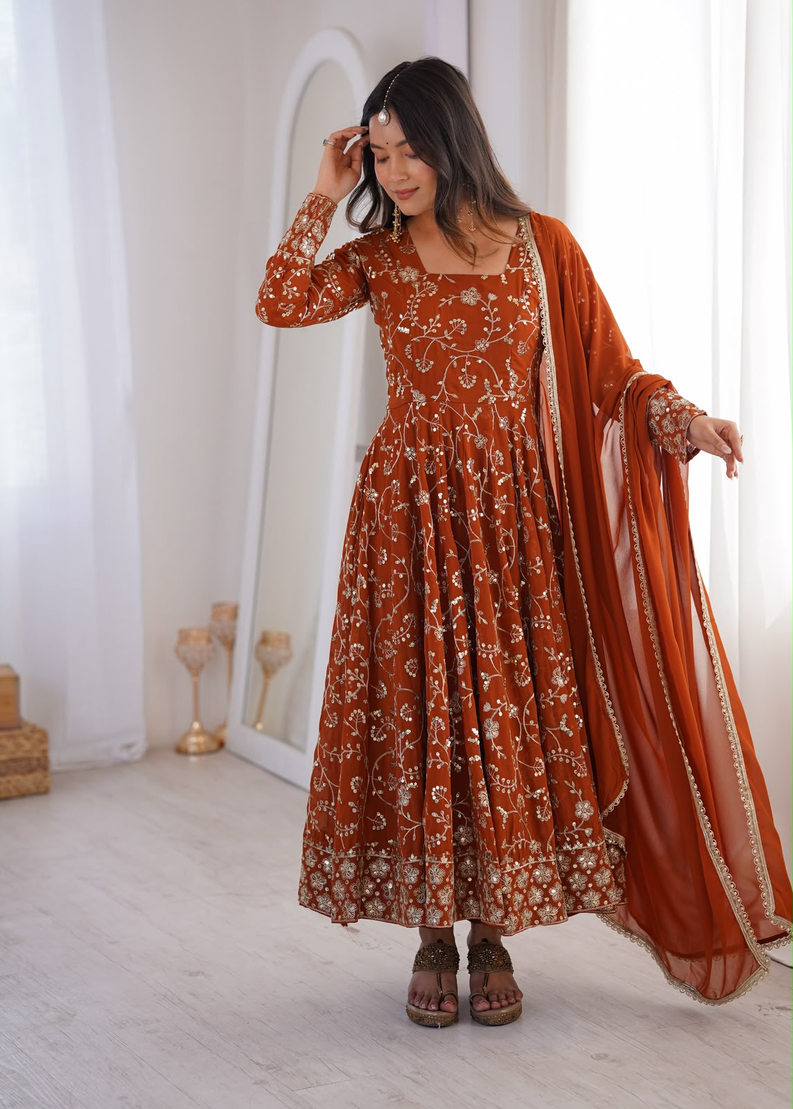 Rust Orange Anarkali Set - Flat Lay Gown Spread with Dupatta