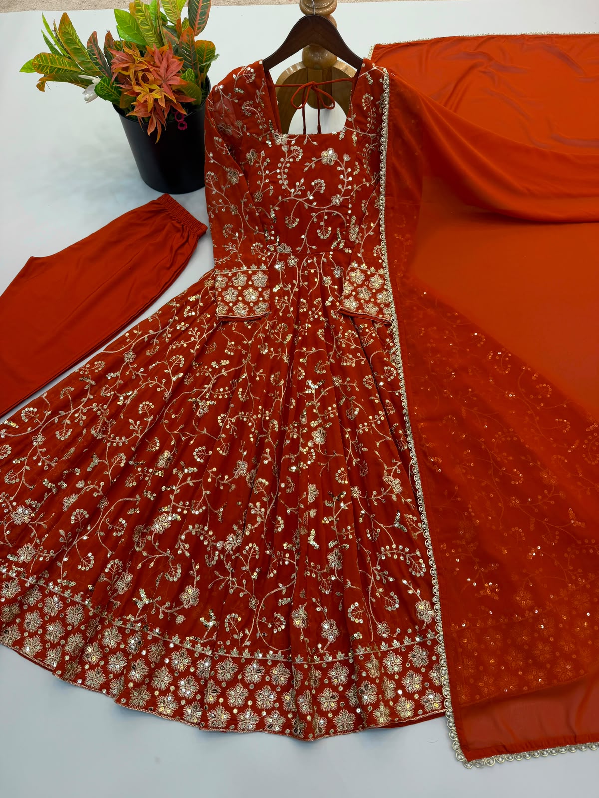 Rust Orange Anarkali Set - Flat Lay Gown with Bottom and Dupatta