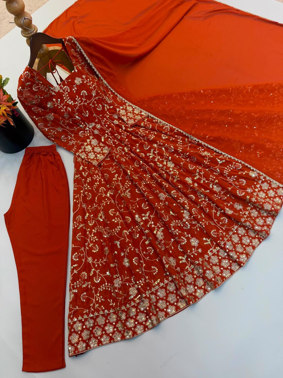 Rust Orange Anarkali Set - Embroidery Close Up Detail