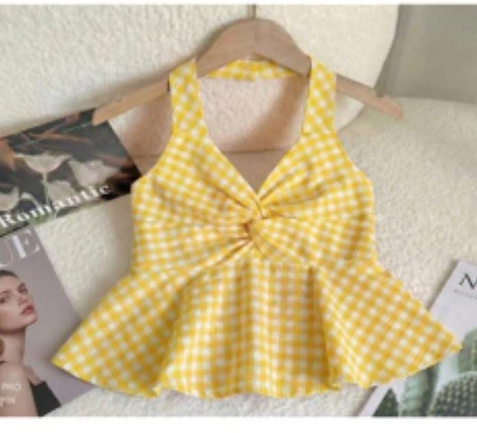 Pink Gingham Halter Neck Top - Flat Lay with Denim Jeans