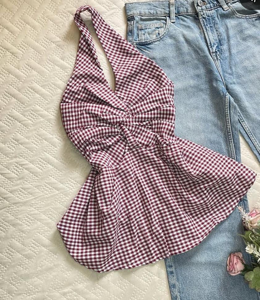 Black Gingham Halter Neck Top - Model Front View with White Trousers