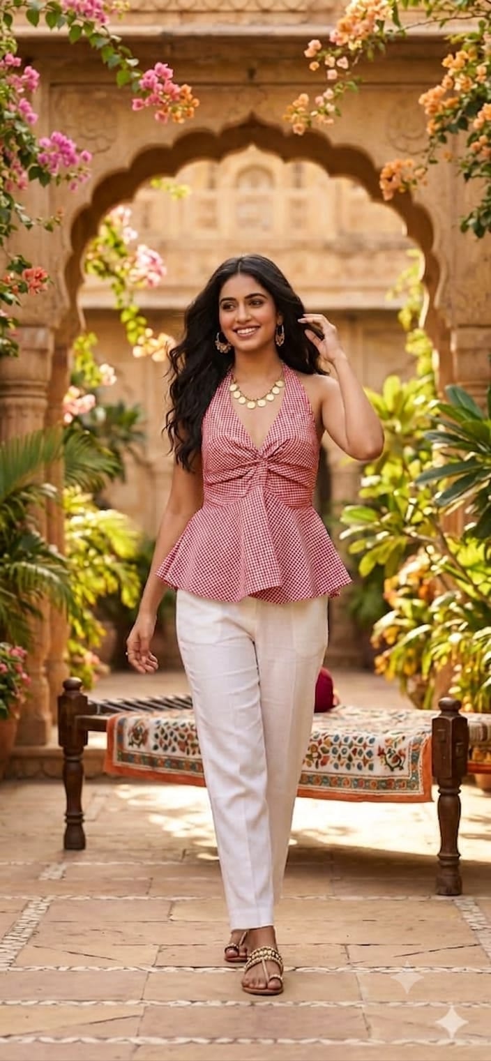 Green Gingham Halter Neck Top - Model Front View with White Trousers