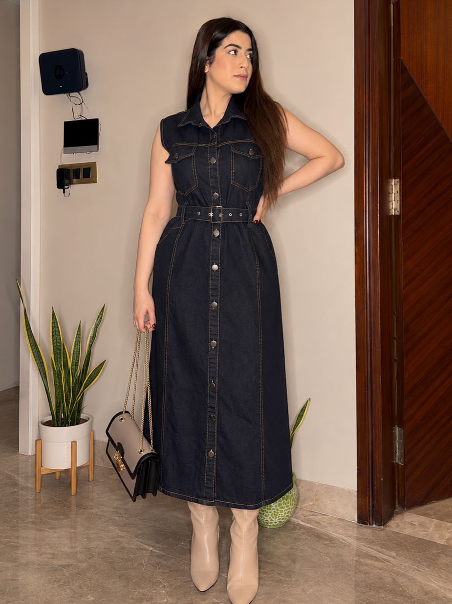 Denim belted midi dress dark navy - model wearing full length front view with belt