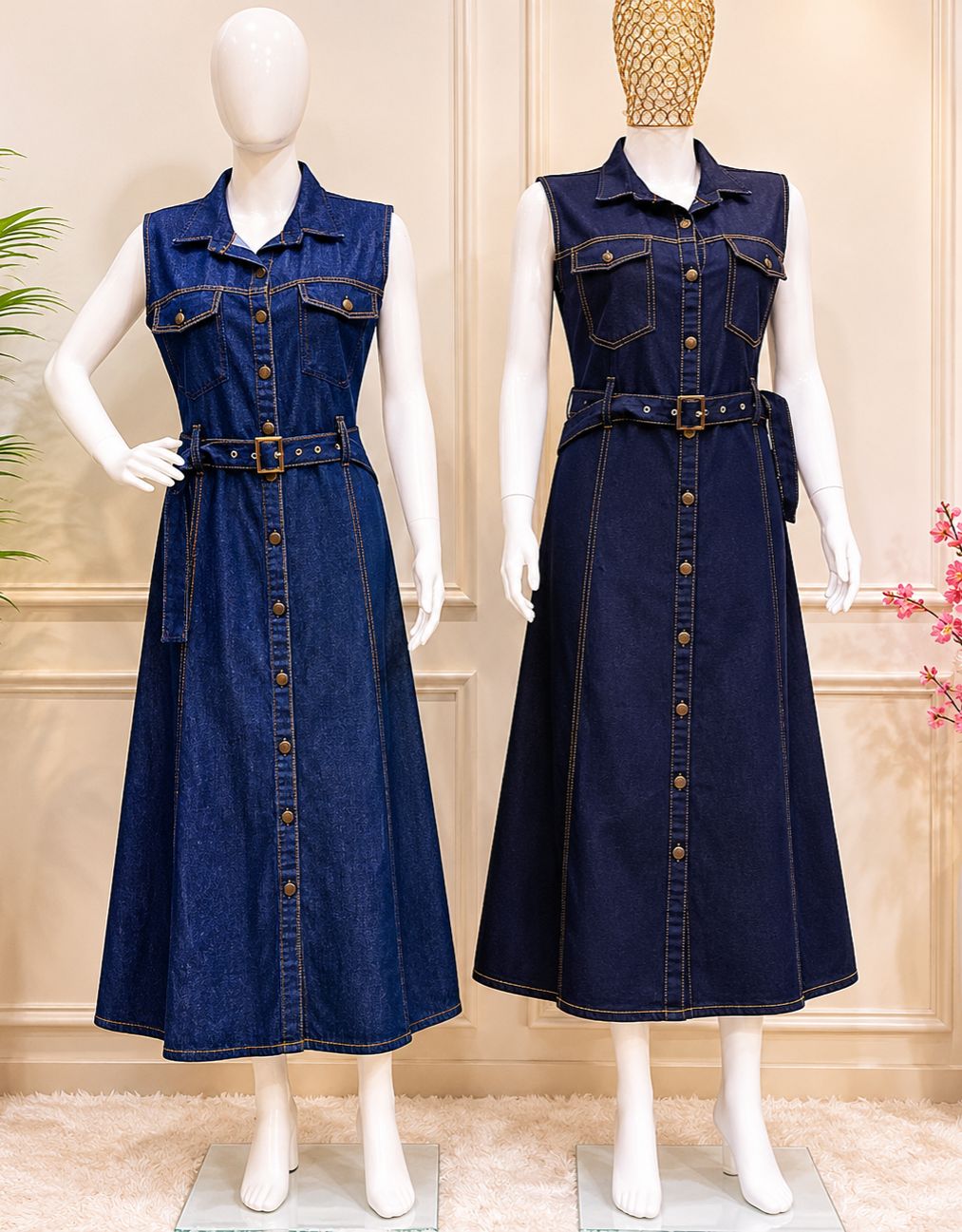 Denim belted midi dress - light blue and dark navy mannequin display front view