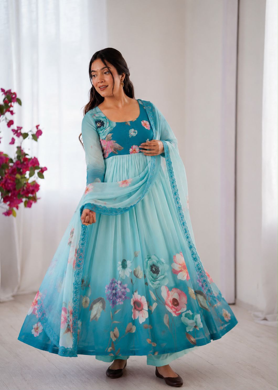 Teal Floral Gown - Hanging Full Length Front View with Dupatta