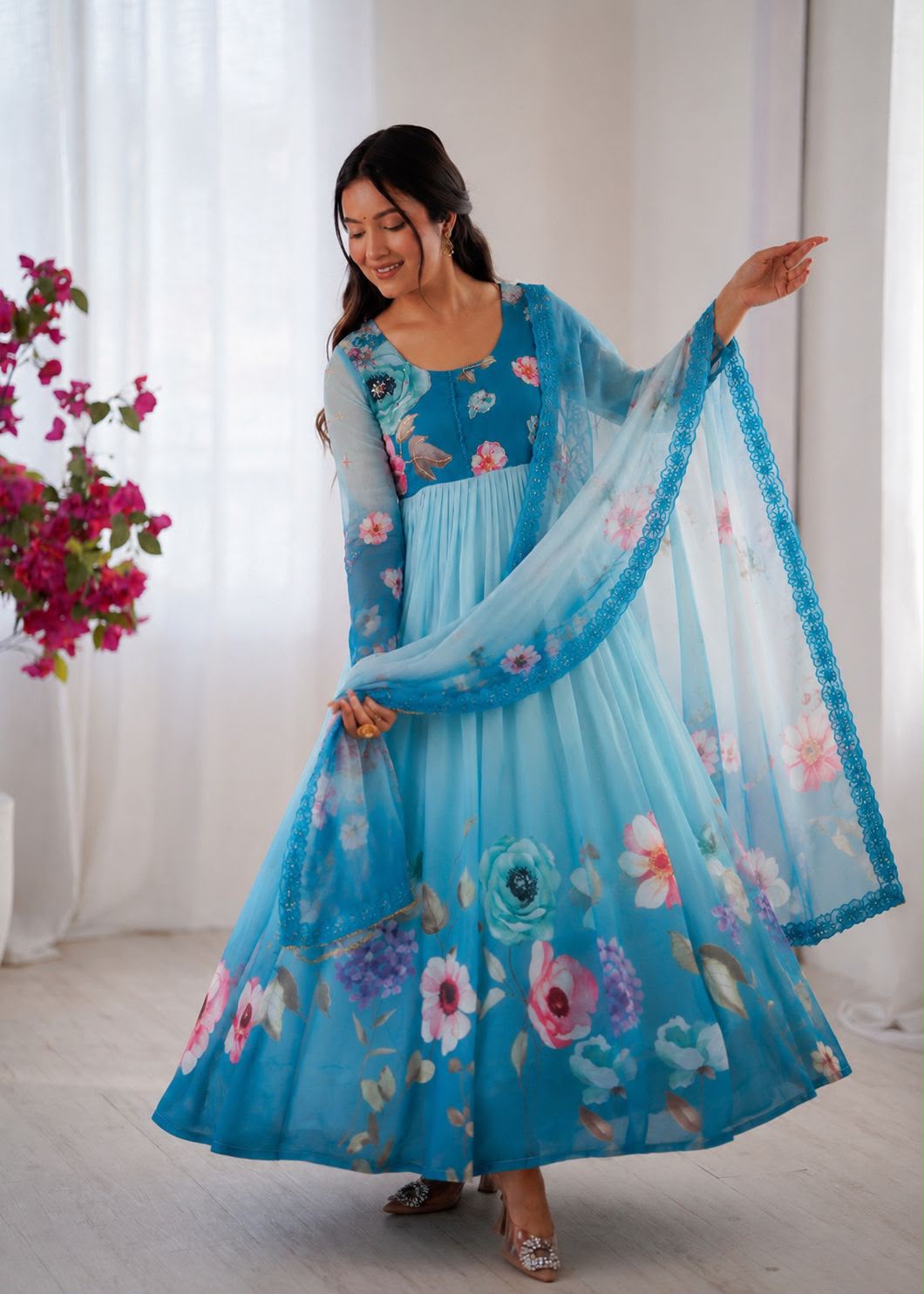 Teal Floral Gown Set - Flat Lay Full Set with Shoes