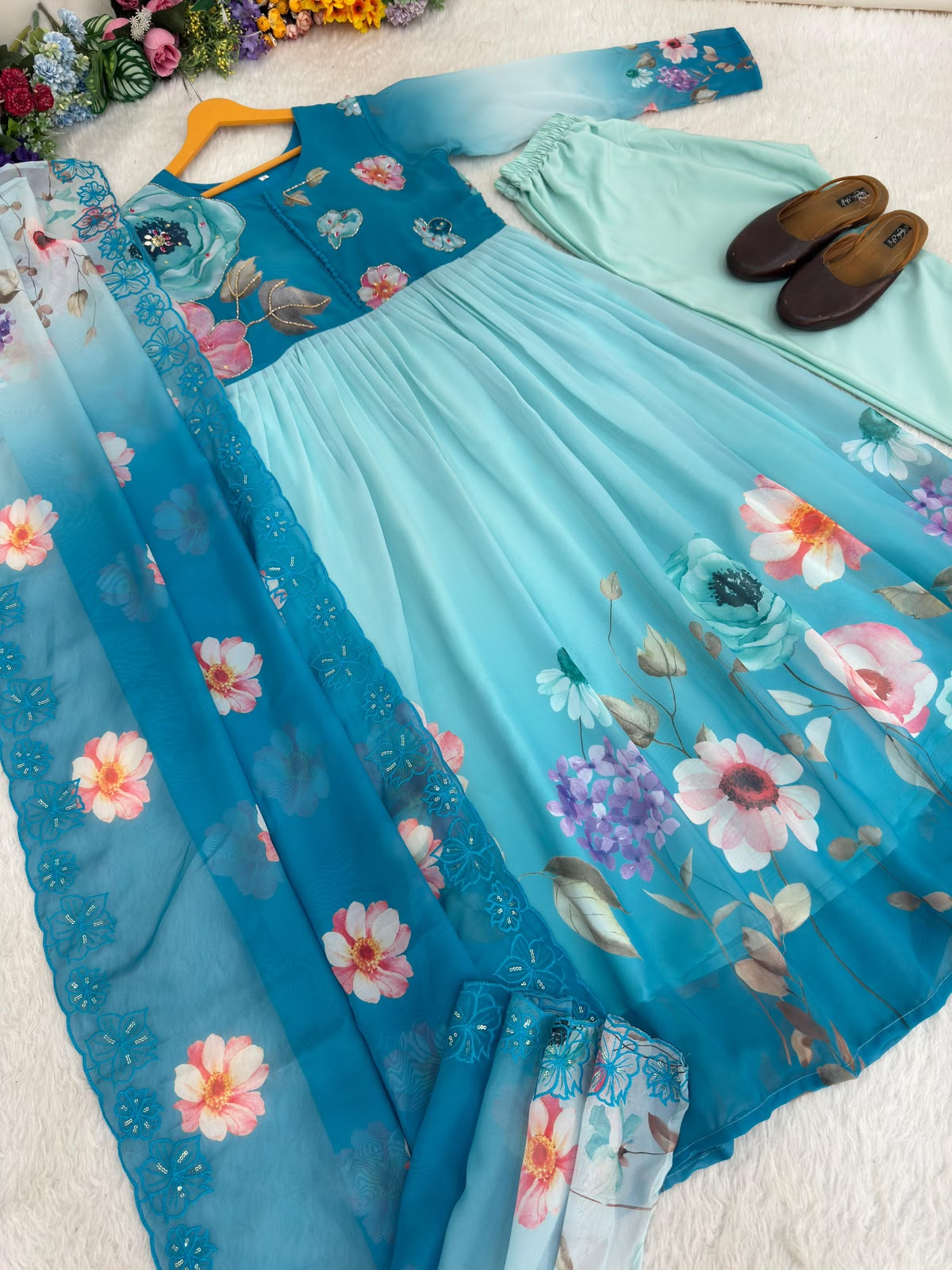 Teal Floral Gown - Close Up Neck Handwork and Dupatta Detail