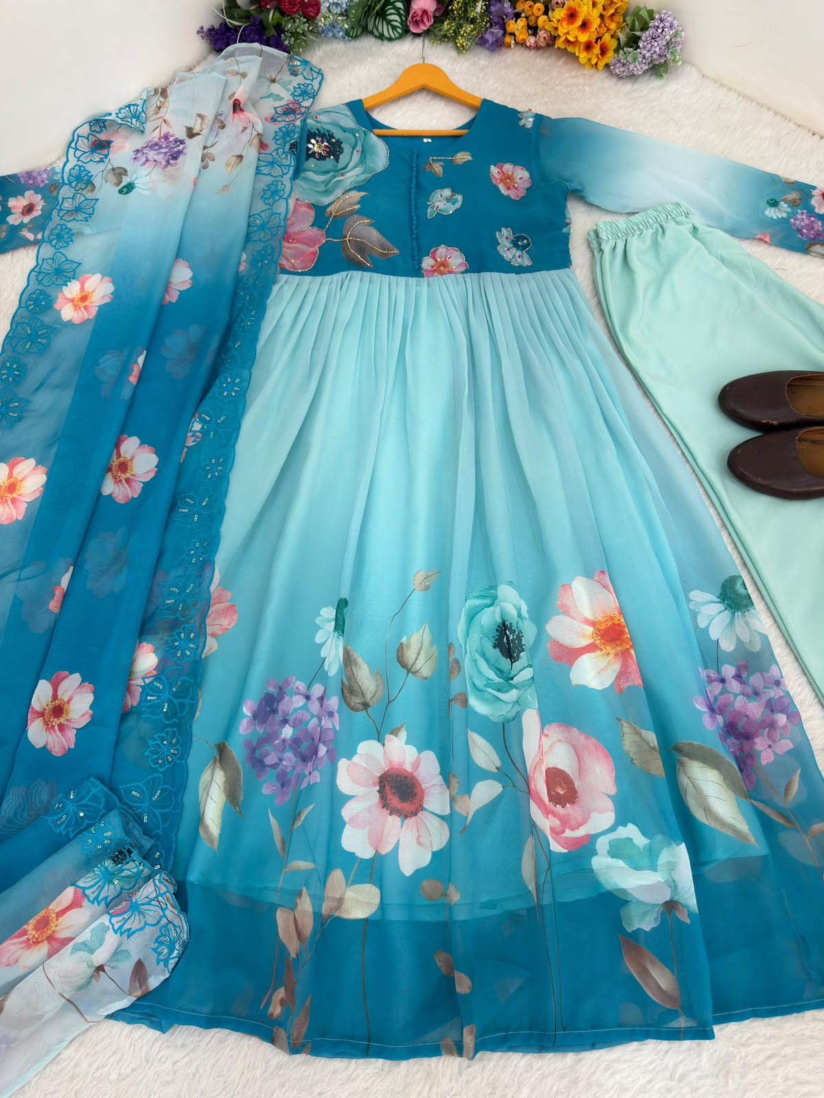 Teal Floral Gown Set - Flat Lay with Folded Pant and Dupatta