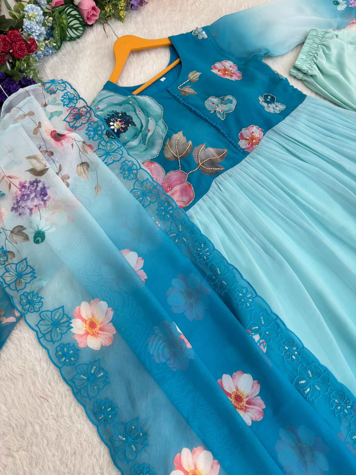 Teal Floral Gown - Model Wearing 3 Colour Variants