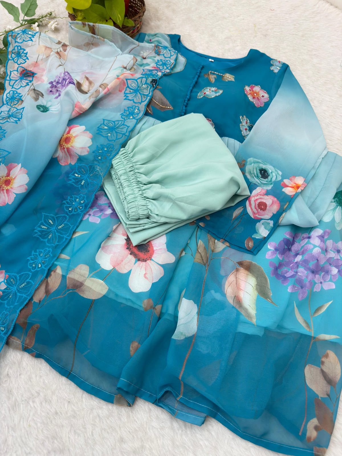 Teal Floral Gown - Model Wearing Purple Variant Front View