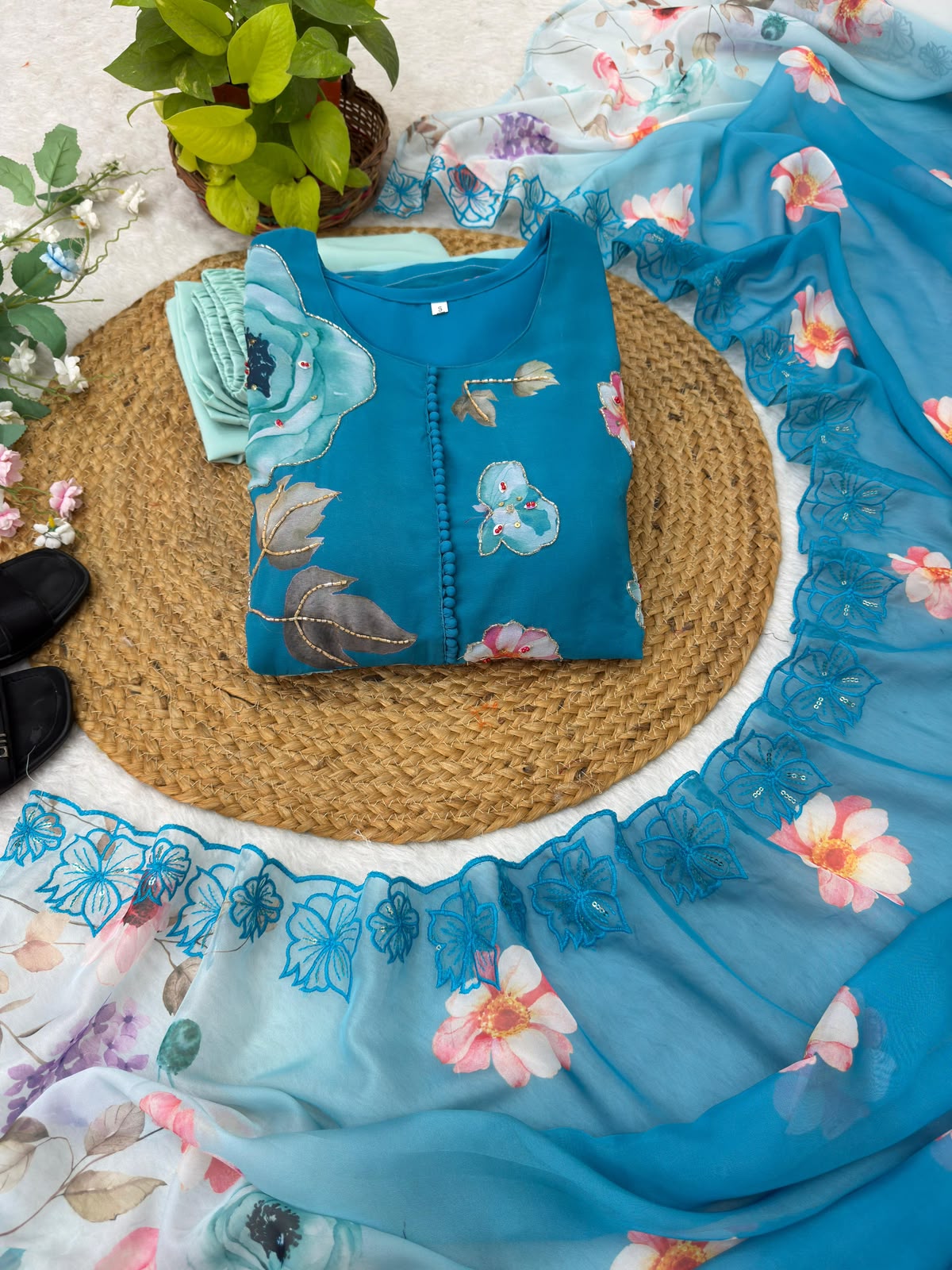 Teal Floral Gown - Model Wearing Teal Variant Front View