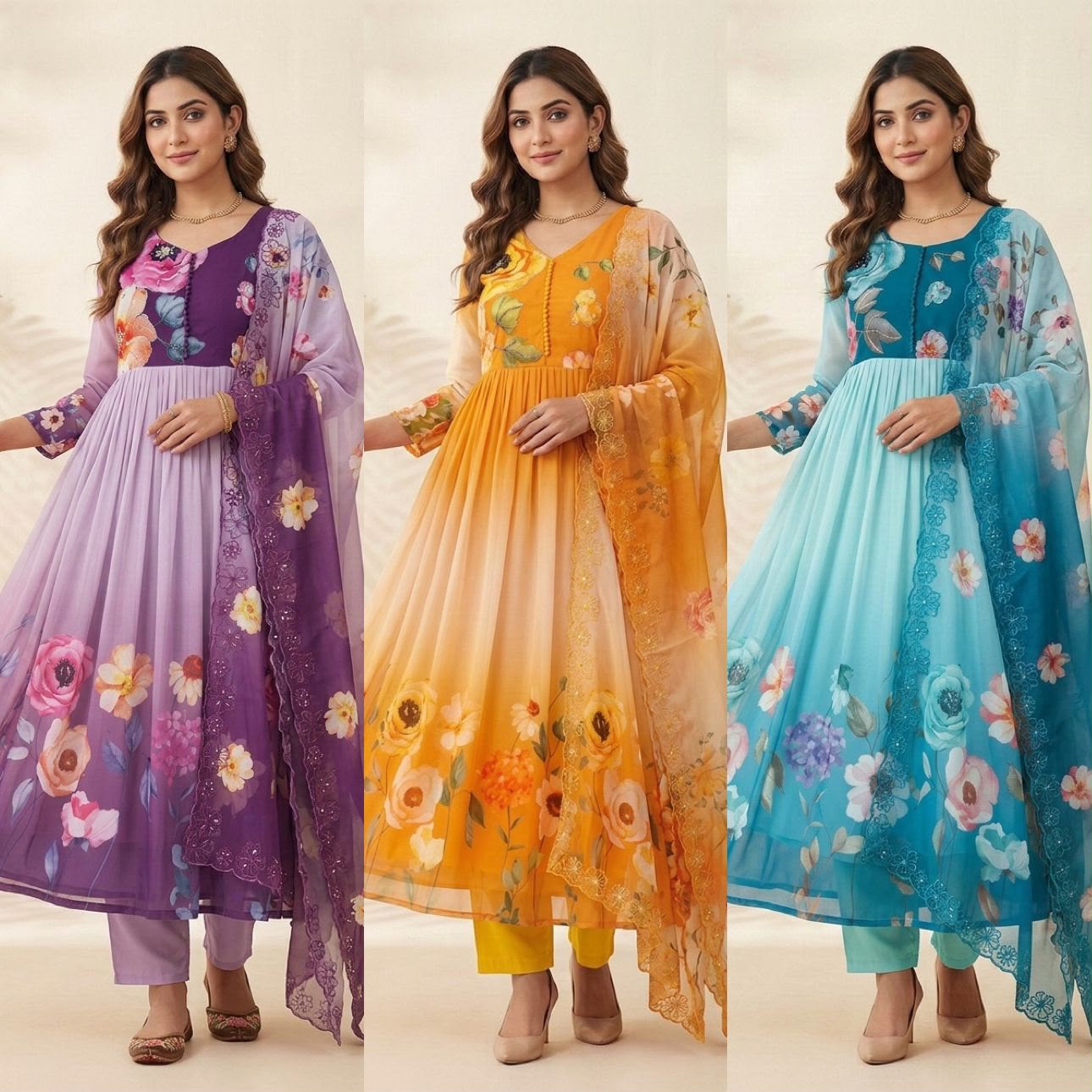 Teal Floral Gown - Model Wearing Yellow Variant Front View